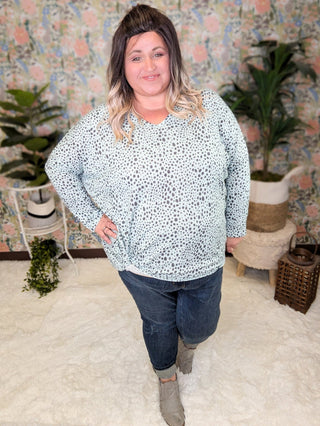 Gwenna Spotted + Knotted Vneck Pullover (2 Colors)-2- Long Sleeve Tops-BE STAGE-Styled by Stacked - A Plus Size Women's Boutique in Lakeville, MN