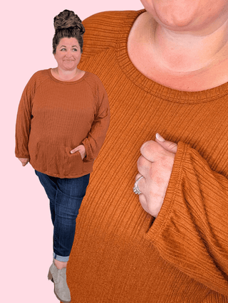 2- Long Sleeve Tops Hailey Ribbed Long Sleeve Top w/Kangaroo Pocket in Copper plus size clothing