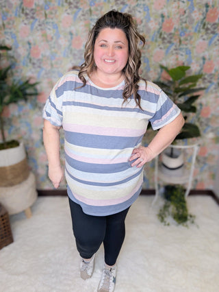 Hallie Scoopneck Rolled Sleeve Tee in Stripes (2 colors)-1- ShortSlv/Slvless Tops-FIRST LOVE-Styled by Stacked - A Plus Size Women's Boutique in Lakeville, MN