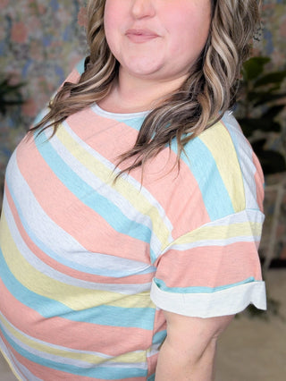 Hallie Scoopneck Rolled Sleeve Tee in Stripes (2 colors)-1- ShortSlv/Slvless Tops-FIRST LOVE-Styled by Stacked - A Plus Size Women's Boutique in Lakeville, MN