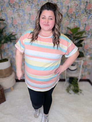 Hallie Scoopneck Rolled Sleeve Tee in Stripes (2 colors)-1- ShortSlv/Slvless Tops-FIRST LOVE-Styled by Stacked - A Plus Size Women's Boutique in Lakeville, MN