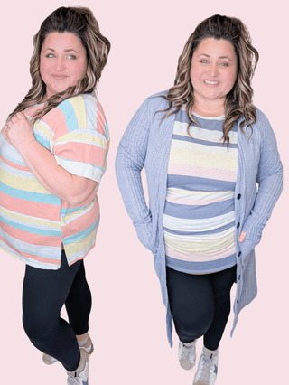 Hallie Scoopneck Rolled Sleeve Tee in Stripes (2 colors)-1- ShortSlv/Slvless Tops-FIRST LOVE-Styled by Stacked - A Plus Size Women's Boutique in Lakeville, MN