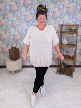 1- ShortSlv/Slvless Tops Hallie Short Sleeve Knit Sweater in Oat plus size clothing