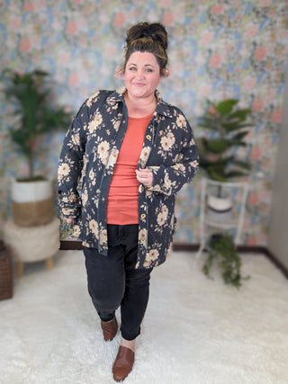 Hannah Ribbed Shirket in Charcoal Floral-4- Overlayer Tops-HEIMISH-Styled by Stacked - A Plus Size Women's Boutique in Lakeville, MN