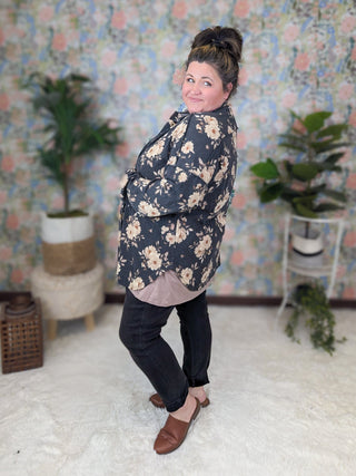 Hannah Ribbed Shirket in Charcoal Floral-4- Overlayer Tops-HEIMISH-Styled by Stacked - A Plus Size Women's Boutique in Lakeville, MN