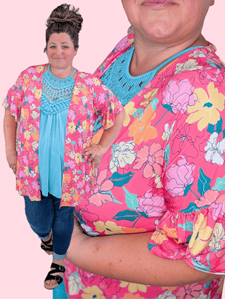 4- Overlayer Tops Harmony Short Sleeve Cardigan in Magenta Floral plus size clothing