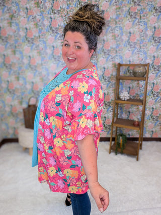 4- Overlayer Tops Harmony Short Sleeve Cardigan in Magenta Floral plus size clothing