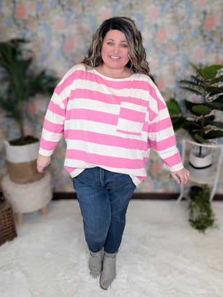 Hayden Slouchy Tab Sleeve Top in Wide Stripes (3 COLORS)-1- ShortSlv/Slvless Tops-WHITE BIRCH-Styled by Stacked - A Plus Size Women's Boutique in Lakeville, MN