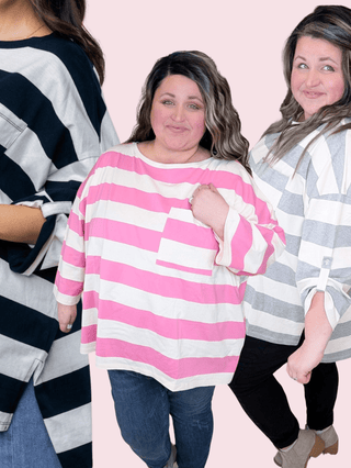 Hayden Slouchy Tab Sleeve Top in Wide Stripes (3 COLORS)-1- ShortSlv/Slvless Tops-WHITE BIRCH-Styled by Stacked - A Plus Size Women's Boutique in Lakeville, MN