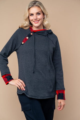 Hilary Buffalo Plaid Accent Pullover w/Double Hood-2- Long Sleeve Tops-WHITE BIRCH-Styled by Stacked - A Plus Size Women's Boutique in Lakeville, MN