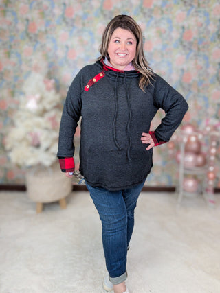Hilary Buffalo Plaid Accent Pullover w/Double Hood-2- Long Sleeve Tops-WHITE BIRCH-Styled by Stacked - A Plus Size Women's Boutique in Lakeville, MN
