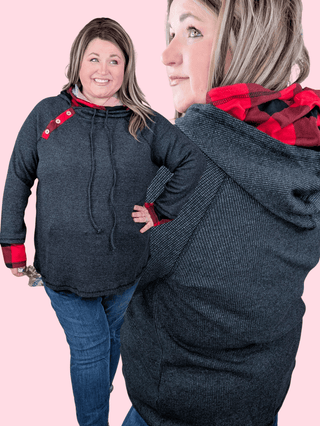 Hilary Buffalo Plaid Accent Pullover w/Double Hood-2- Long Sleeve Tops-WHITE BIRCH-Styled by Stacked - A Plus Size Women's Boutique in Lakeville, MN