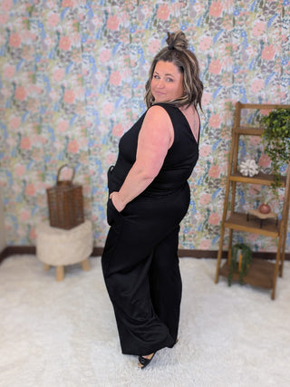 11- Dress/Romp/Jump Holly Double Vee Scuba Jumpsuit in Black plus size clothing
