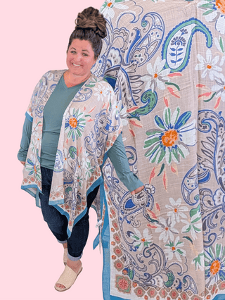 4- Overlayer Tops Hudson Paisley + Floral Kimono in Cool Sunset plus size clothing