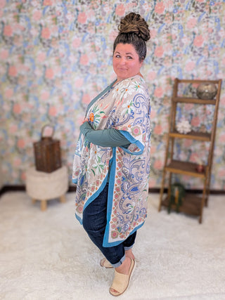 4- Overlayer Tops Hudson Paisley + Floral Kimono in Cool Sunset plus size clothing