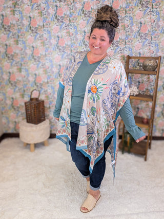 4- Overlayer Tops Hudson Paisley + Floral Kimono in Cool Sunset plus size clothing