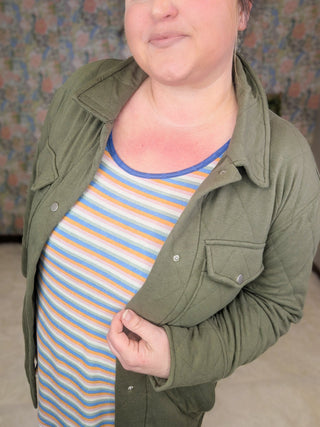 Ian Quilted Sweatshirt Shacket in Olive-4- Overlayer Tops-HEIMISH-Styled by Stacked - A Plus Size Women's Boutique in Lakeville, MN