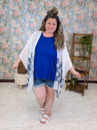 4- Overlayer Tops Indigo Ivory + Navy Embroidered Open Side Kimono plus size clothing