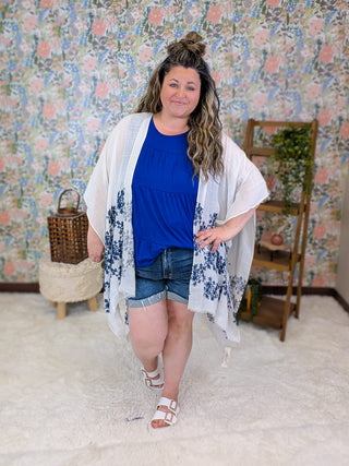 4- Overlayer Tops Indigo Ivory + Navy Embroidered Open Side Kimono plus size clothing