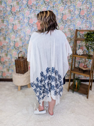 4- Overlayer Tops Indigo Ivory + Navy Embroidered Open Side Kimono plus size clothing