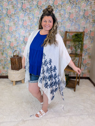 4- Overlayer Tops Indigo Ivory + Navy Embroidered Open Side Kimono plus size clothing