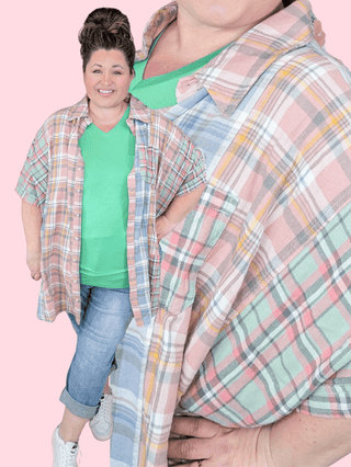 Irina Longline Pastel Plaid Buttondown Top-2- Long Sleeve Tops-WHITE BIRCH-Styled by Stacked - A Plus Size Women's Boutique in Lakeville, MN