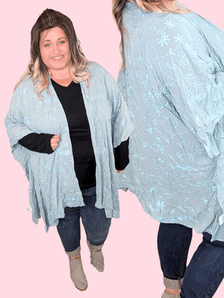 Iris Embroidered Floral Kimono in Faded Aqua-4- Overlayer Tops-KORI-Styled by Stacked - A Plus Size Women's Boutique in Lakeville, MN