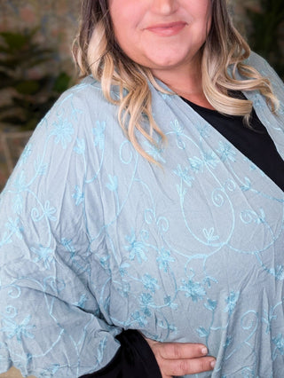 Iris Embroidered Floral Kimono in Faded Aqua-4- Overlayer Tops-KORI-Styled by Stacked - A Plus Size Women's Boutique in Lakeville, MN