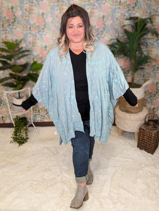 Iris Embroidered Floral Kimono in Faded Aqua-4- Overlayer Tops-KORI-Styled by Stacked - A Plus Size Women's Boutique in Lakeville, MN