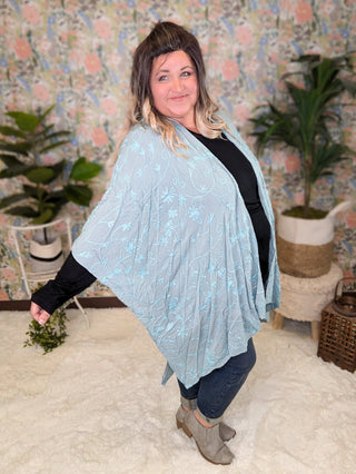 Iris Embroidered Floral Kimono in Faded Aqua-4- Overlayer Tops-KORI-Styled by Stacked - A Plus Size Women's Boutique in Lakeville, MN