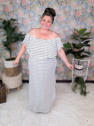 Isabella Ivory + Black Stripe Maxi Dress w/Flounce Top-11- Dress/Romp/Jump-sweet lovely by jen-Styled by Stacked - A Plus Size Women's Boutique in Lakeville, MN