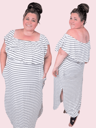 Isabella Ivory + Black Stripe Maxi Dress w/Flounce Top-11- Dress/Romp/Jump-sweet lovely by jen-Styled by Stacked - A Plus Size Women's Boutique in Lakeville, MN