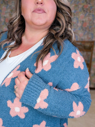 4- Overlayer Tops Isla Cozy Open Cardigan in Retro Denim Blue Floral plus size clothing