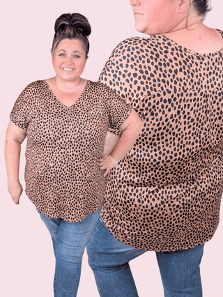Isla Vneck Slinky Short Sleeve Top in Mocha Dot-1- ShortSlv/Slvless Tops-HEIMISH-Styled by Stacked - A Plus Size Women's Boutique in Lakeville, MN