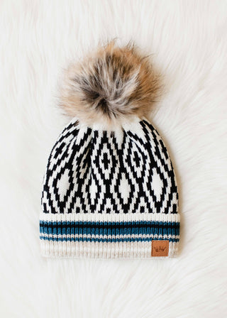 ***Ivory, Black, Blue & Tan Patterned Pom Hat-12- Accessories & Gifts-Panache Apparel Co.-Styled by Stacked - A Plus Size Women's Boutique in Lakeville, MN