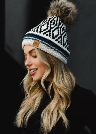 ***Ivory, Black, Blue & Tan Patterned Pom Hat-12- Accessories & Gifts-Panache Apparel Co.-Styled by Stacked - A Plus Size Women's Boutique in Lakeville, MN
