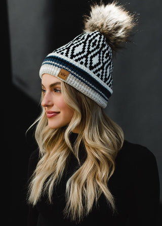 ***Ivory, Black, Blue & Tan Patterned Pom Hat-12- Accessories & Gifts-Panache Apparel Co.-Styled by Stacked - A Plus Size Women's Boutique in Lakeville, MN