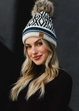 ***Ivory, Black, Blue & Tan Patterned Pom Hat-12- Accessories & Gifts-Panache Apparel Co.-Styled by Stacked - A Plus Size Women's Boutique in Lakeville, MN