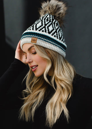 ***Ivory, Black, Blue & Tan Patterned Pom Hat-12- Accessories & Gifts-Panache Apparel Co.-Styled by Stacked - A Plus Size Women's Boutique in Lakeville, MN