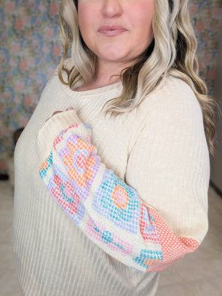 Jackie Crewneck Pullover w/Granny Square Long Sleeves-2- Long Sleeve Tops-HAPTICS-Styled by Stacked - A Plus Size Women's Boutique in Lakeville, MN