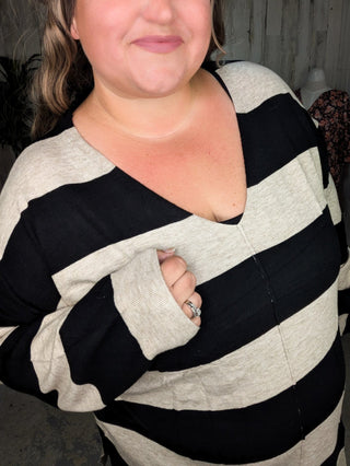 Jaclyn Lightweight Vneck Sweater in Stripes-2- Long Sleeve Tops-WHITE BIRCH-Styled by Stacked - A Plus Size Women's Boutique in Lakeville, MN