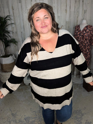 Jaclyn Lightweight Vneck Sweater in Stripes-2- Long Sleeve Tops-WHITE BIRCH-Styled by Stacked - A Plus Size Women's Boutique in Lakeville, MN