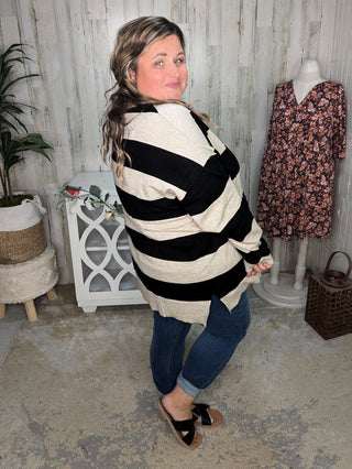 Jaclyn Lightweight Vneck Sweater in Stripes-2- Long Sleeve Tops-WHITE BIRCH-Styled by Stacked - A Plus Size Women's Boutique in Lakeville, MN
