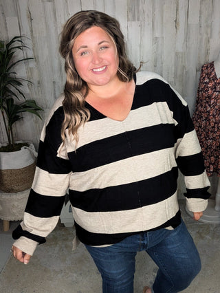 Jaclyn Lightweight Vneck Sweater in Stripes-2- Long Sleeve Tops-WHITE BIRCH-Styled by Stacked - A Plus Size Women's Boutique in Lakeville, MN