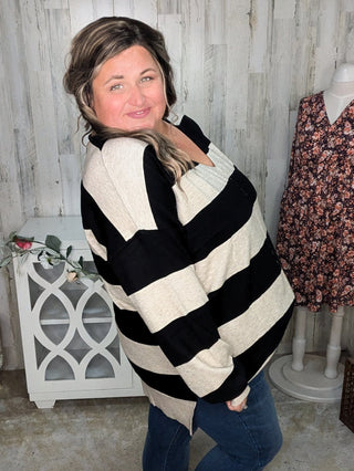 Jaclyn Lightweight Vneck Sweater in Stripes-2- Long Sleeve Tops-WHITE BIRCH-Styled by Stacked - A Plus Size Women's Boutique in Lakeville, MN