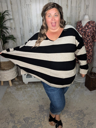 Jaclyn Lightweight Vneck Sweater in Stripes-2- Long Sleeve Tops-WHITE BIRCH-Styled by Stacked - A Plus Size Women's Boutique in Lakeville, MN
