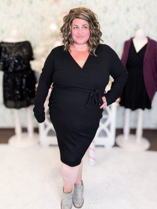 Jameson Faux Wrap Long Sleeve Dress in Ribbed Black-11- Dress/Romp/Jump-WHITE BIRCH-Styled by Stacked - A Plus Size Women's Boutique in Lakeville, MN