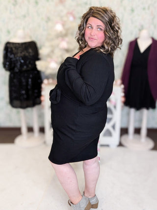 Jameson Faux Wrap Long Sleeve Dress in Ribbed Black-11- Dress/Romp/Jump-WHITE BIRCH-Styled by Stacked - A Plus Size Women's Boutique in Lakeville, MN