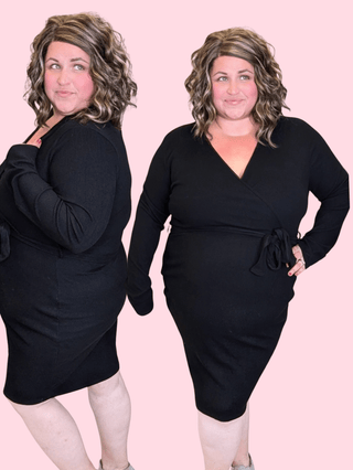 Jameson Faux Wrap Long Sleeve Dress in Ribbed Black-11- Dress/Romp/Jump-WHITE BIRCH-Styled by Stacked - A Plus Size Women's Boutique in Lakeville, MN