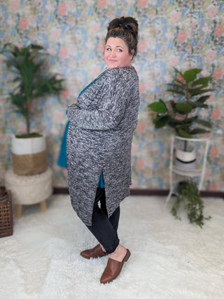 Jasmine Lightweight Open Cardigan in Heathered Black-4- Overlayer Tops-EMERALD-Styled by Stacked - A Plus Size Women's Boutique in Lakeville, MN